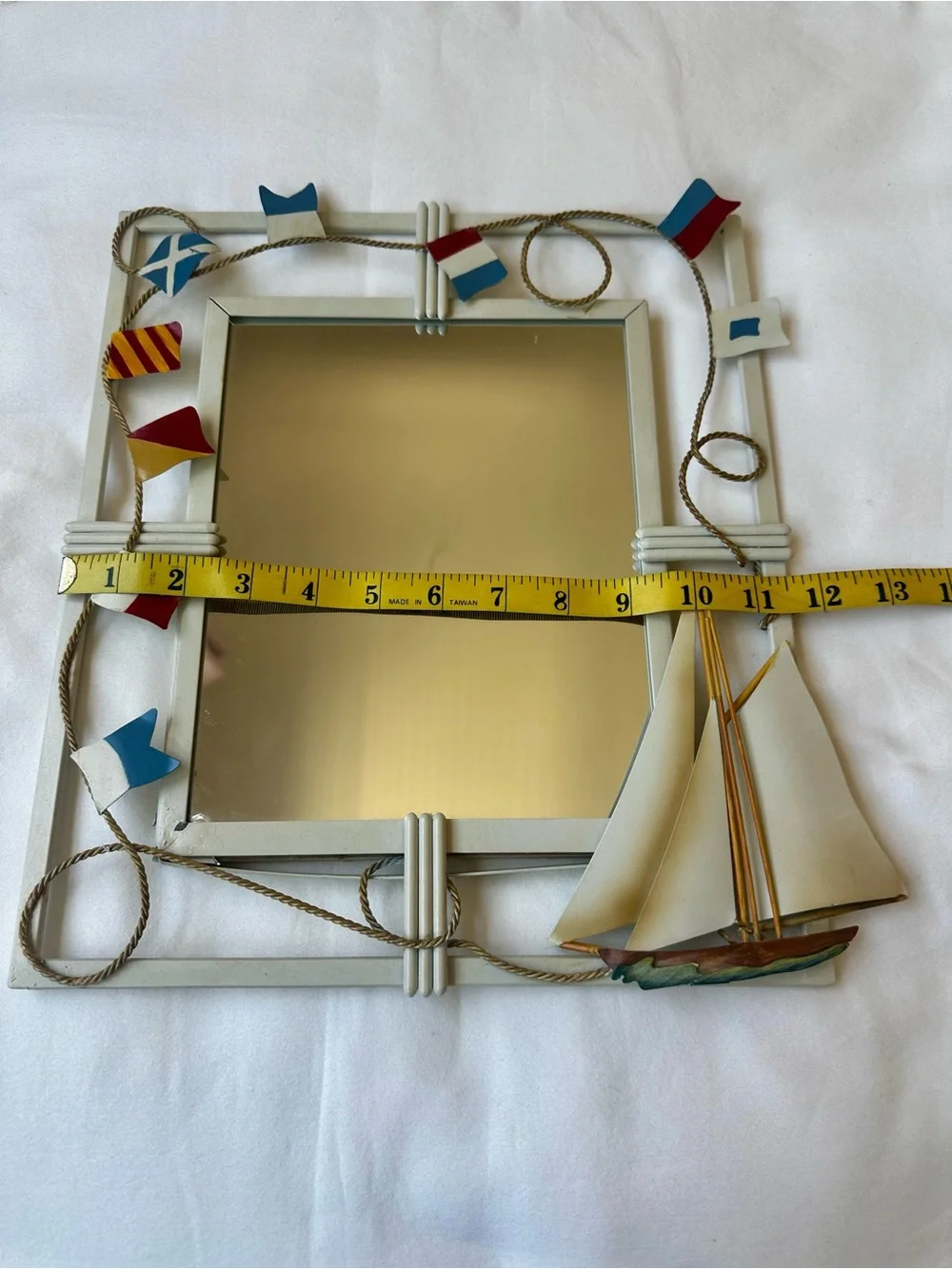 Nautical Sailboat Wall Mirror Coastal Beach House Decor Signal Flags Rope 13”